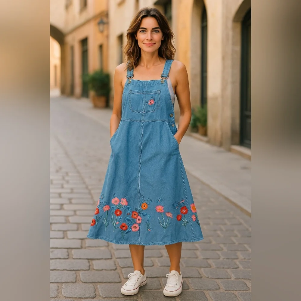THE PYRAMID COLLECTION DRESS SIZE SMALL Floral Embroidered Denim Overall Dress - Picture 3 of 10